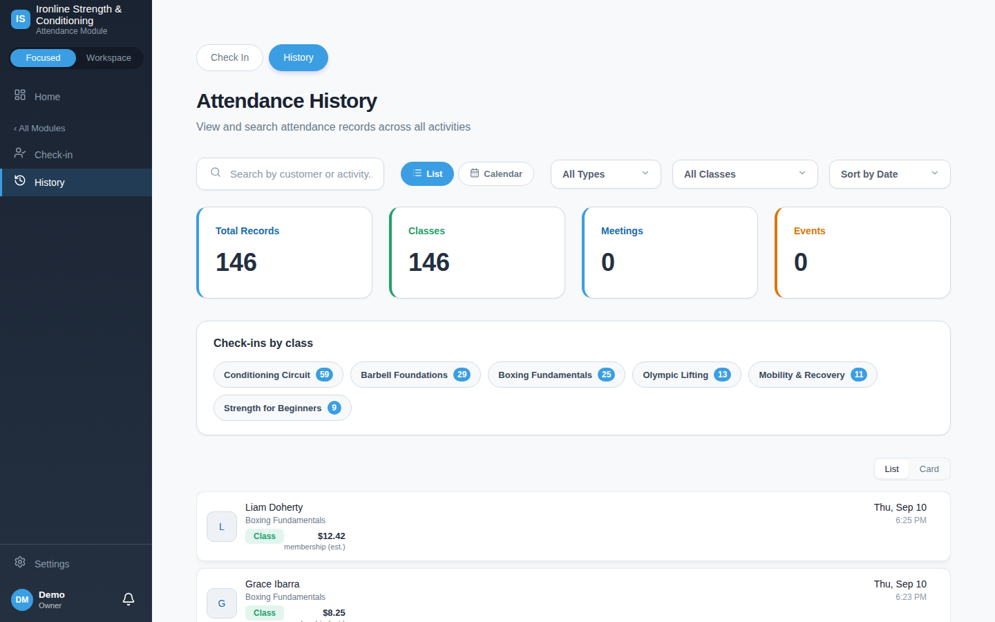Every check-in, searchable, by class, meeting or event