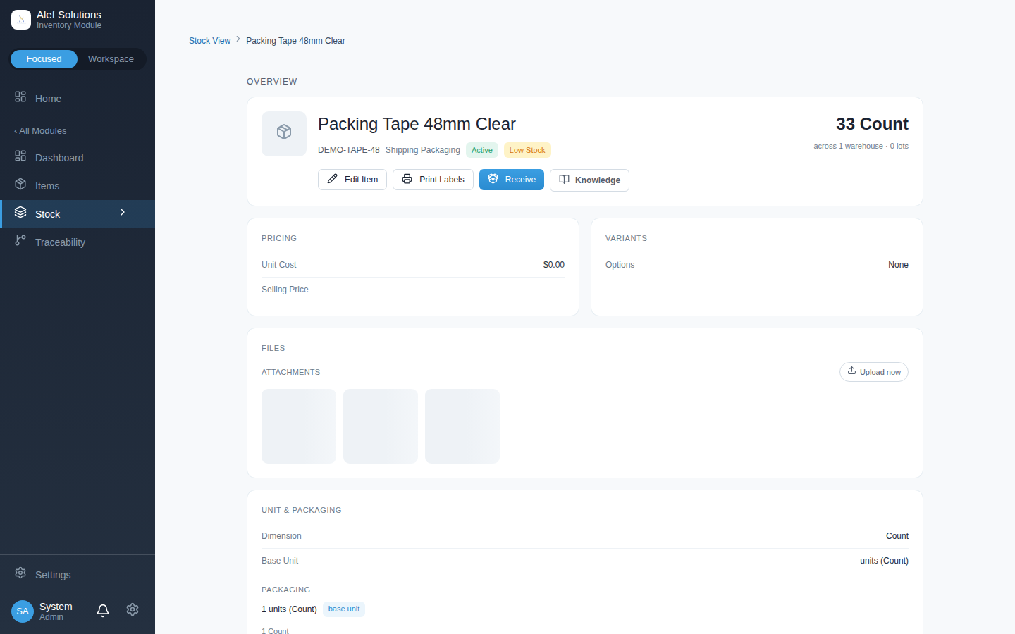 Item detail: identifiers, packaging, and movement history