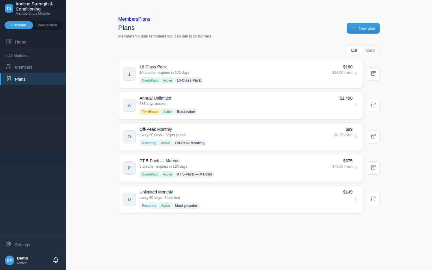 The plan catalog — recurring memberships, credit packs, time-boxed access