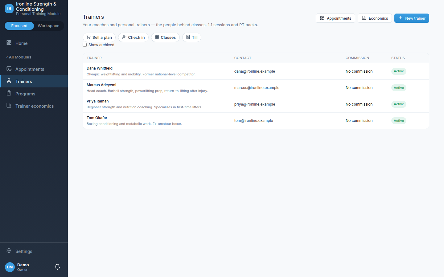 Trainers with weekly availability cut into bookable slots
